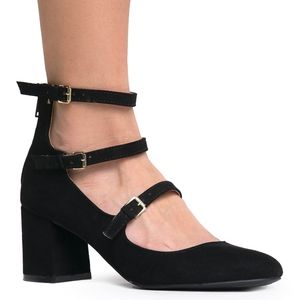 Black 3 Strap Leather Mary Jane Heels 8.5